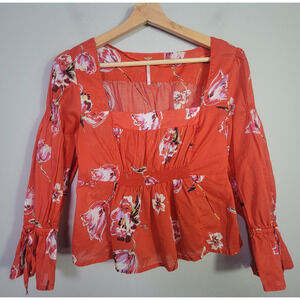 Free People Womens XS Crop Top Cotton Floral Tie Front Boho Orange